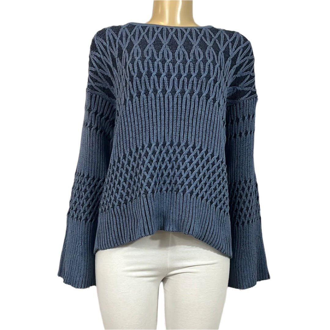 Cotton Country Sweater Womens Bell Sleeve Round Neck Tight Knit Cable Knit